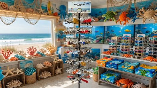 Mighty Horizons floor display stand stocked with assorted marine-life keychains and an Ocean sign inside a coastal gift shop.
